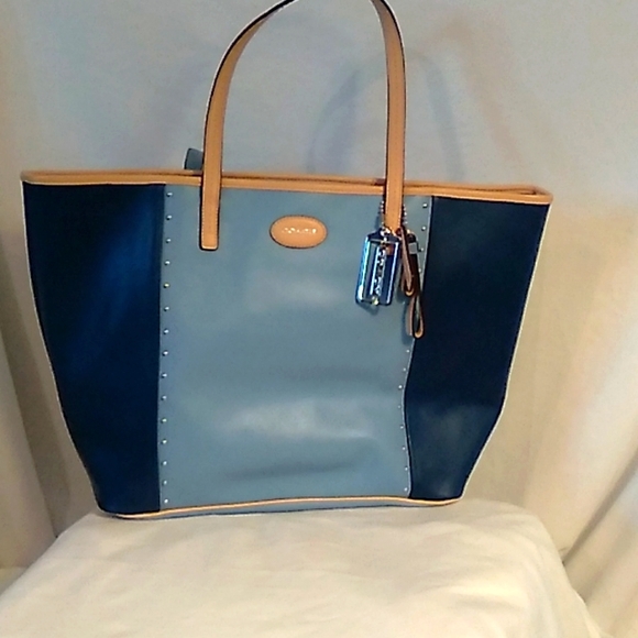 Coach Handbags - Large Coach leather tote in sky blue and navy with tan leather trim